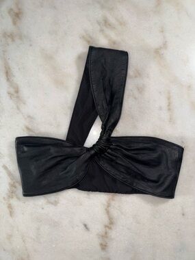 ZARA Black Leather One Shoulder Knot Crop Top Lambskin Stretch Band Small EUC